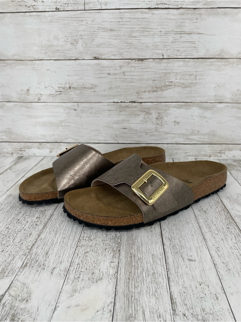 Birkenstock Madrid Big Buckle Metallic Taupe Sandals Size 42 Narrow - Picture 2 of 7